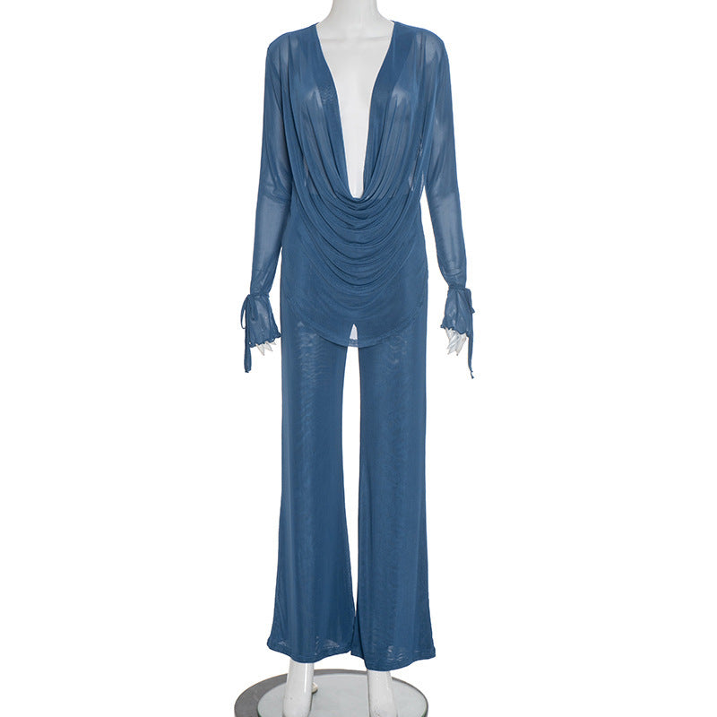 Women's Fashion Sexy Lace-up Long-sleeved Top Slim Trousers Suit