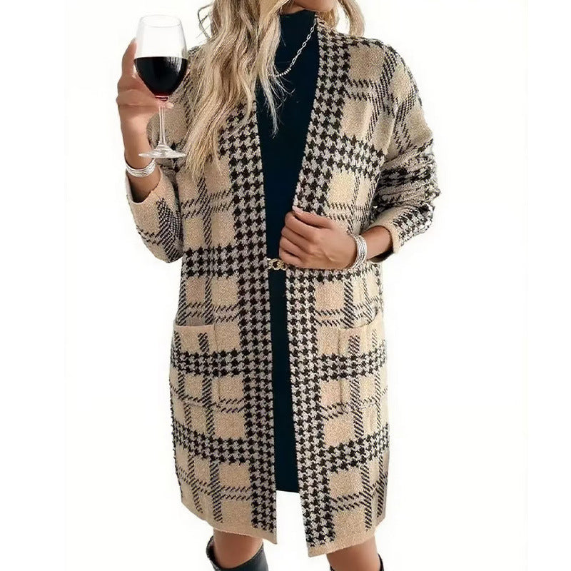 Women's Houndstooth Knitted Long Knitted Jacket