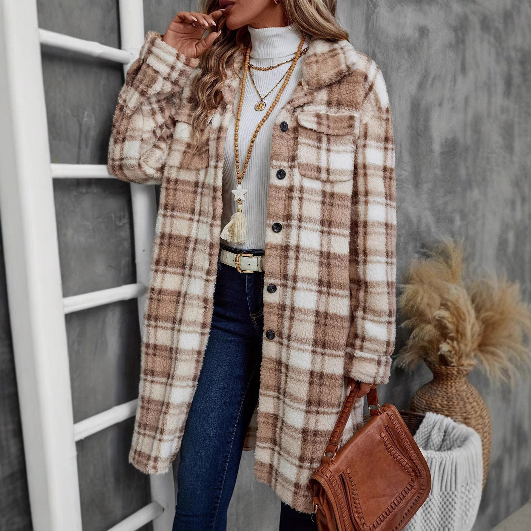 Women's Printed Plaid Long Double-sided Plush Patch Pocket Button Coat