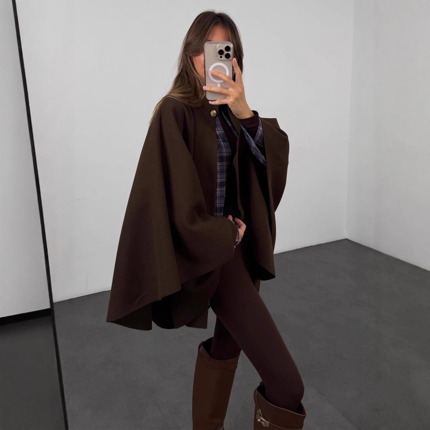 Winter Elegant Style Solid Color Waist Tight Woolen Cape Coat Mid-length