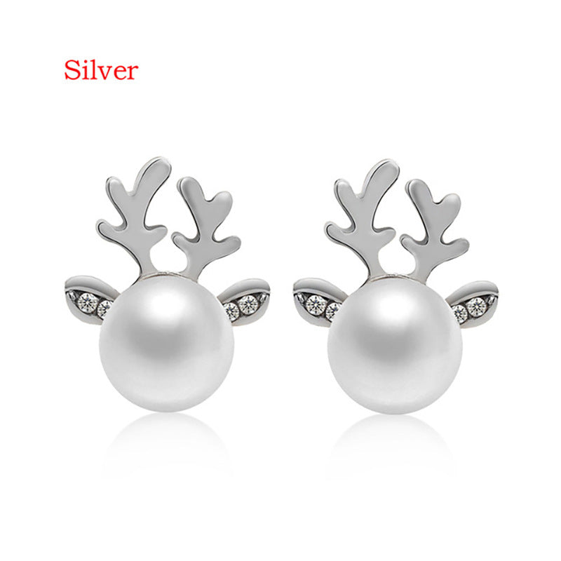 Stud Earrings Christmas Pearl Antlers Earrings