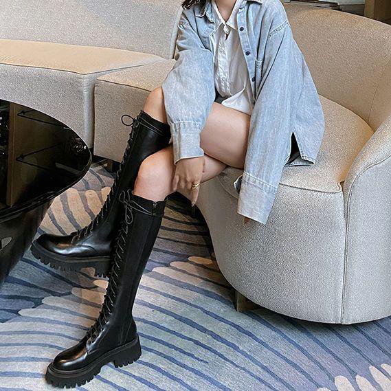 Women's Black Below The Knee Thickened Martin Boots