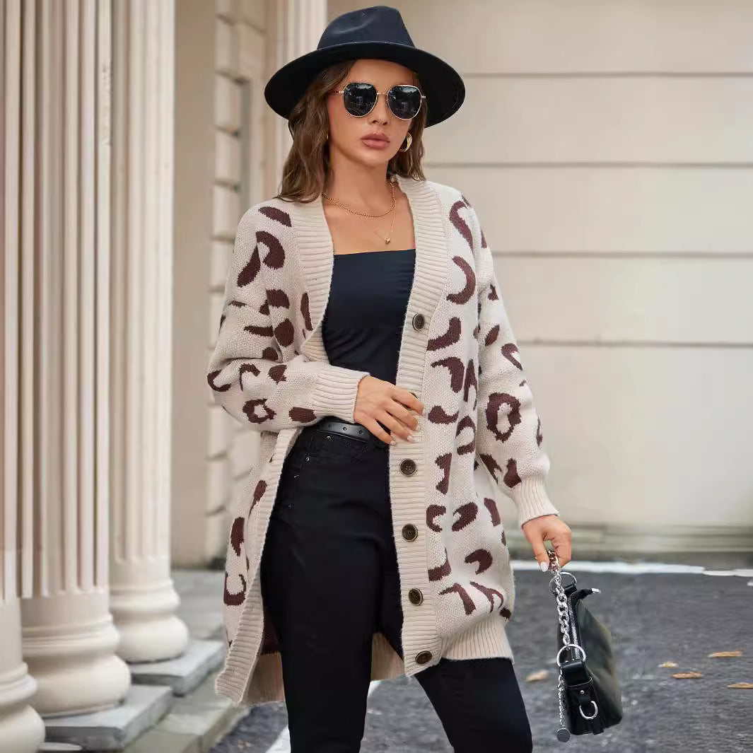 Women's Mid-length Leopard-print Sweater Baggy Coat
