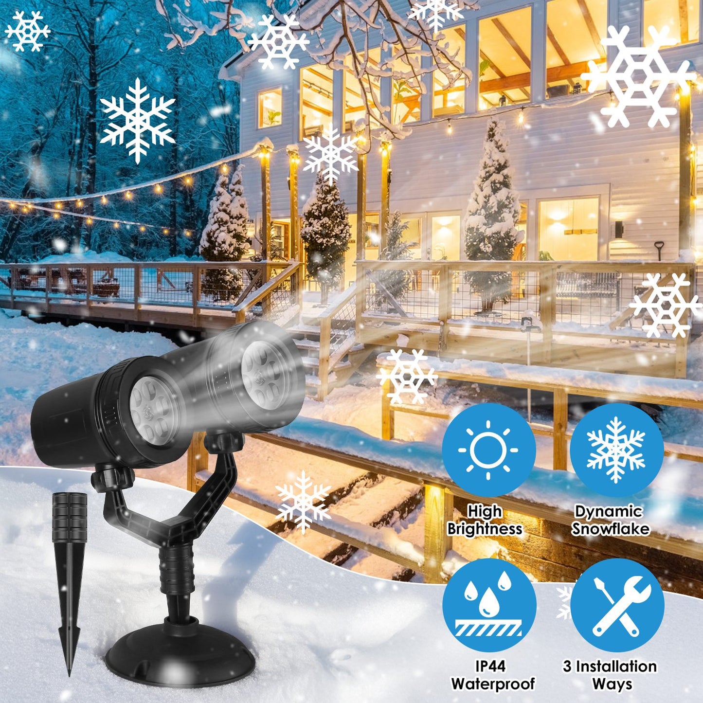 1Pc Christmas Snowflake Projector Light Dual Head LED Stake Light IP44 Waterproof Xmas Decoration For Holiday Indoor Outdoor Use Garden Patio Wall Decor