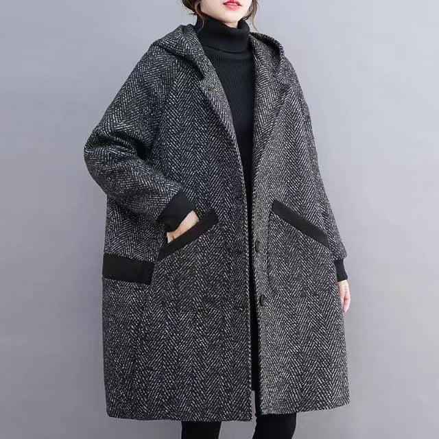 Winter Korean Style Loose Hooded Women's Mid-length Velvet Padded Thickened Coat