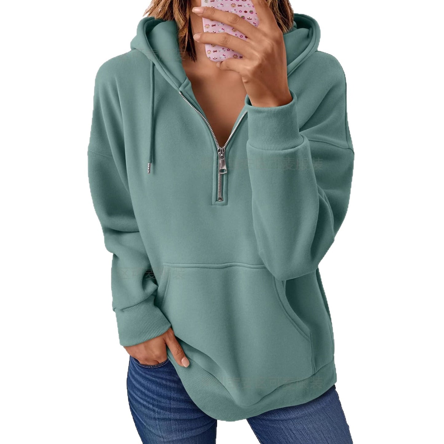 Zip Pocket Solid Color Hooded Sweatshirt