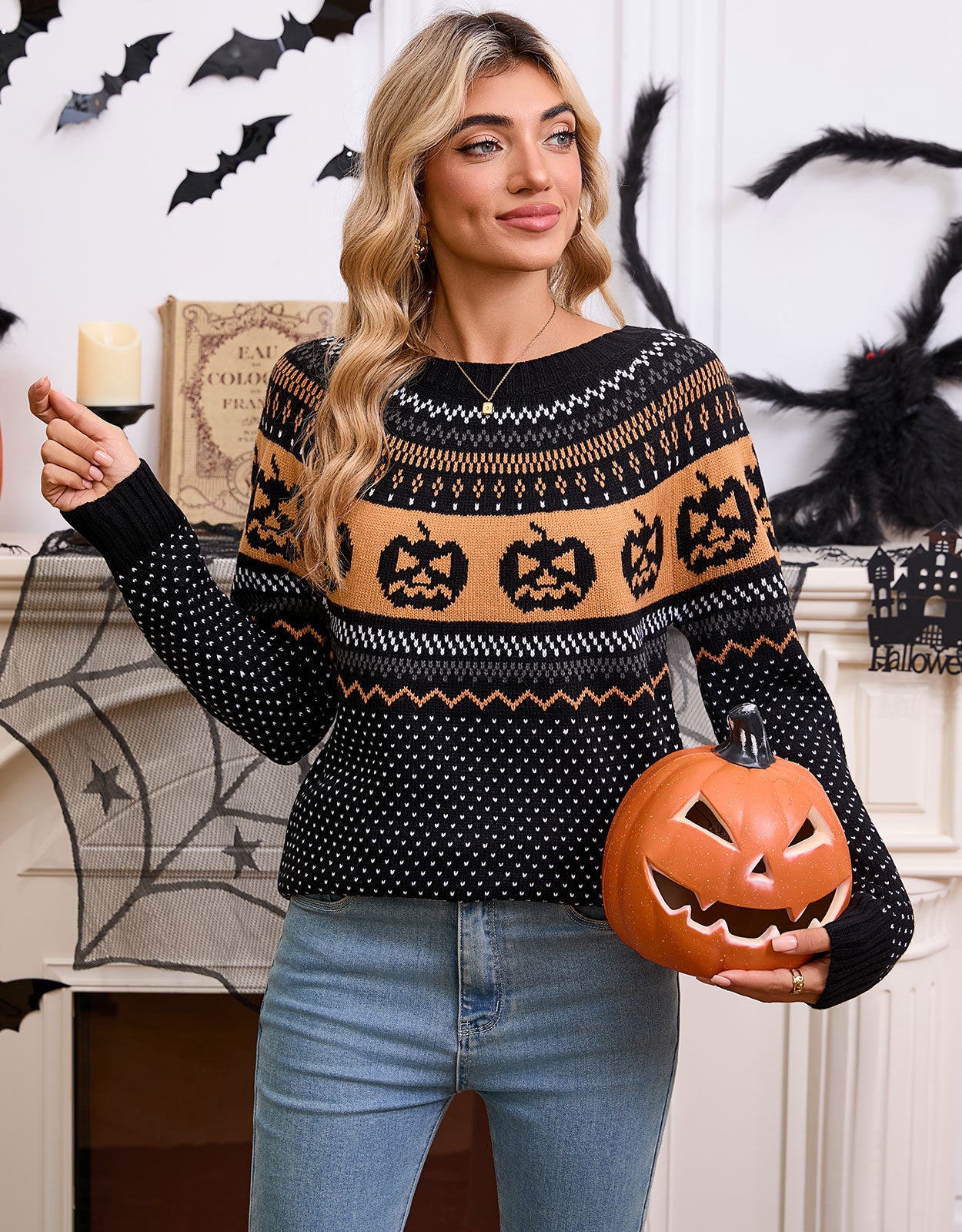 Women's Halloween Pumpkin Embroidered Retro Long-sleeved Sweater