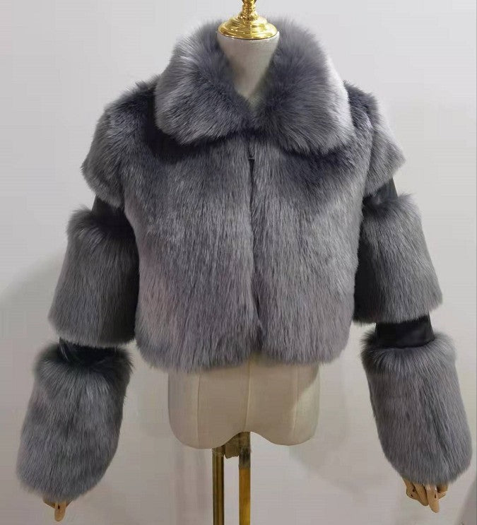 Women's Fur Stitching Lapel Artificial Fur Coat