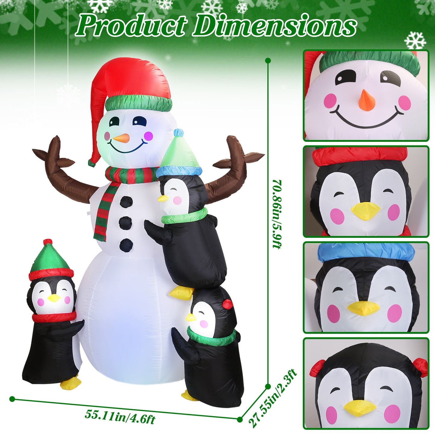 1Pc 5.9FT Christmas Inflatable Outdoor Decoration Snowman Penguin Blow Up Yard Decoration With LED Light Built-in Air Blower For Winter Holiday Xmas Garden