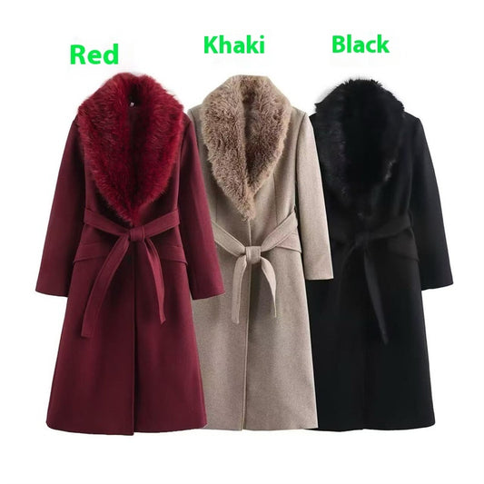 Women's Fashion Lace-up Fur Collar Woolen Coat