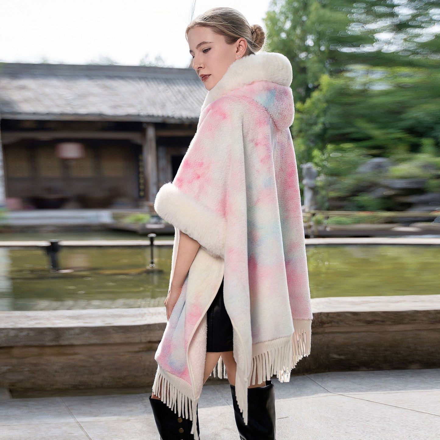 Tie-dyed Tassel Cape And Shawl Fashion National Style Warm All-matching Coat
