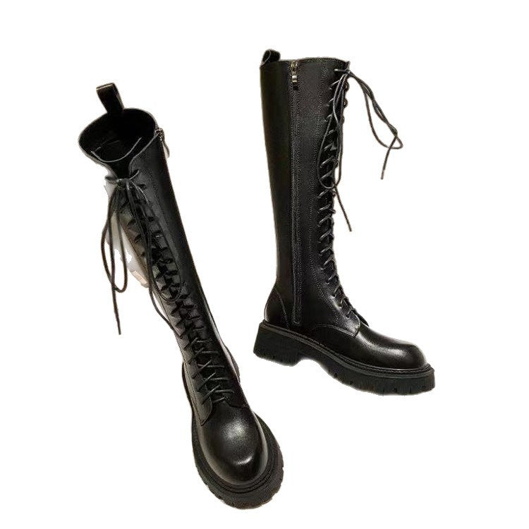 Women's Black Below The Knee Thickened Martin Boots