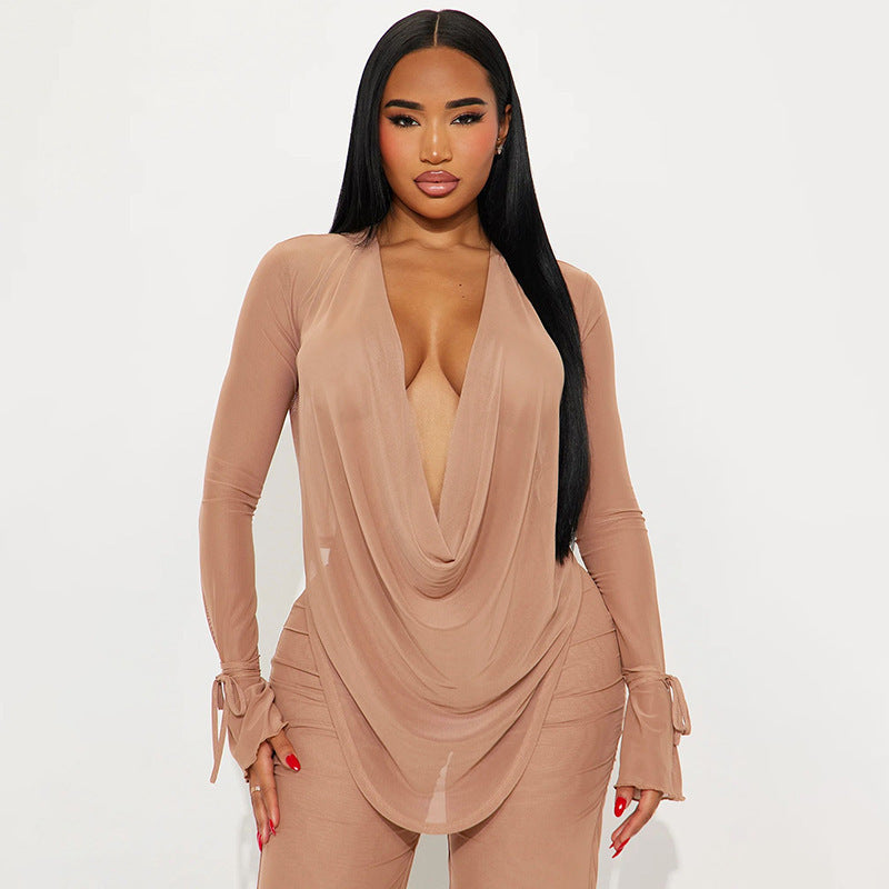 Women's Fashion Sexy Lace-up Long-sleeved Top Slim Trousers Suit