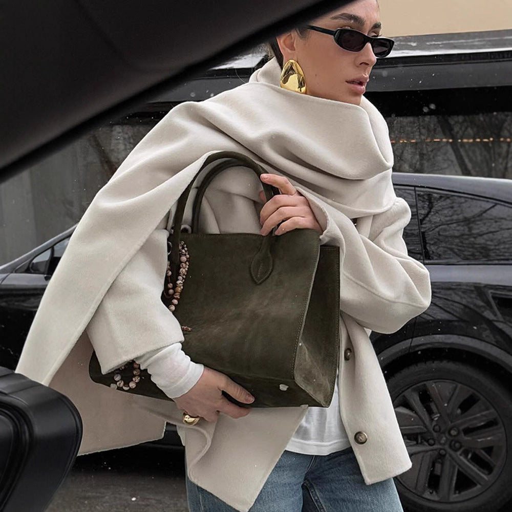 Solid Color Scarf Collar Single-breasted Woolen Coat For Women