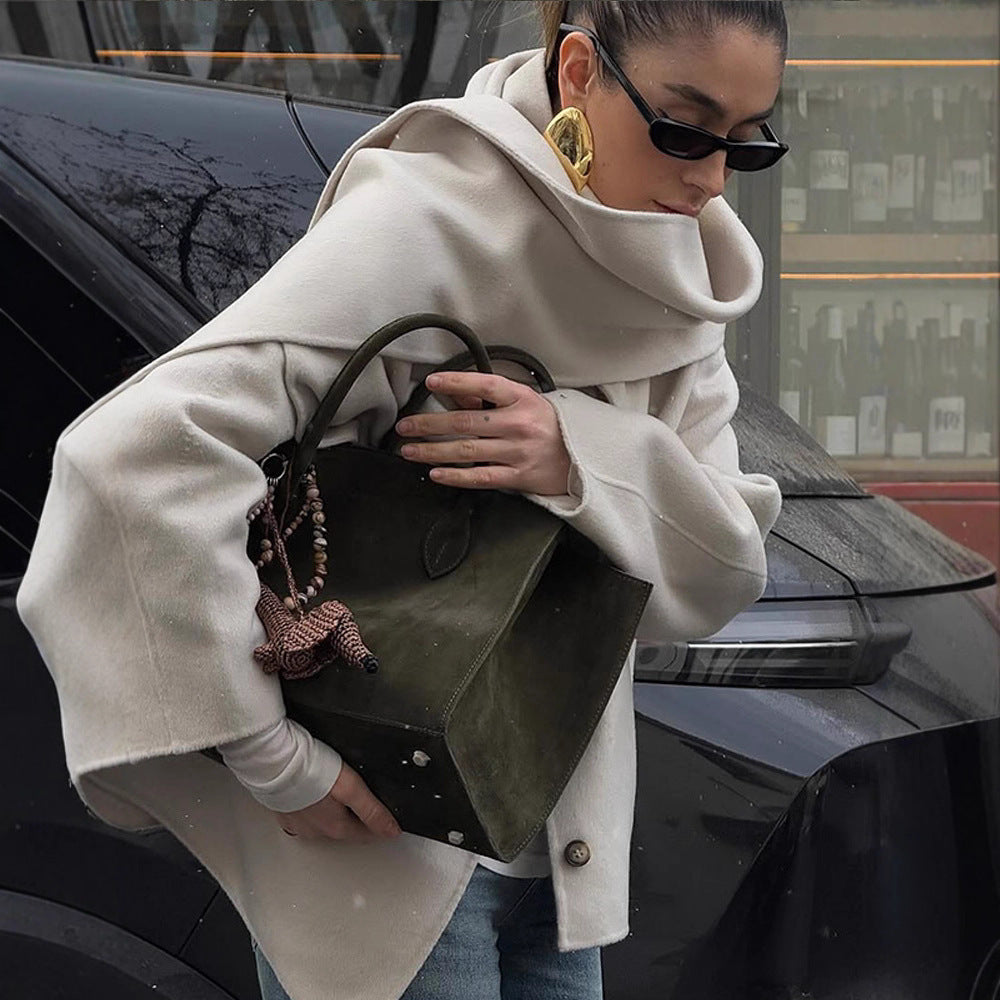 Solid Color Scarf Collar Single-breasted Woolen Coat For Women