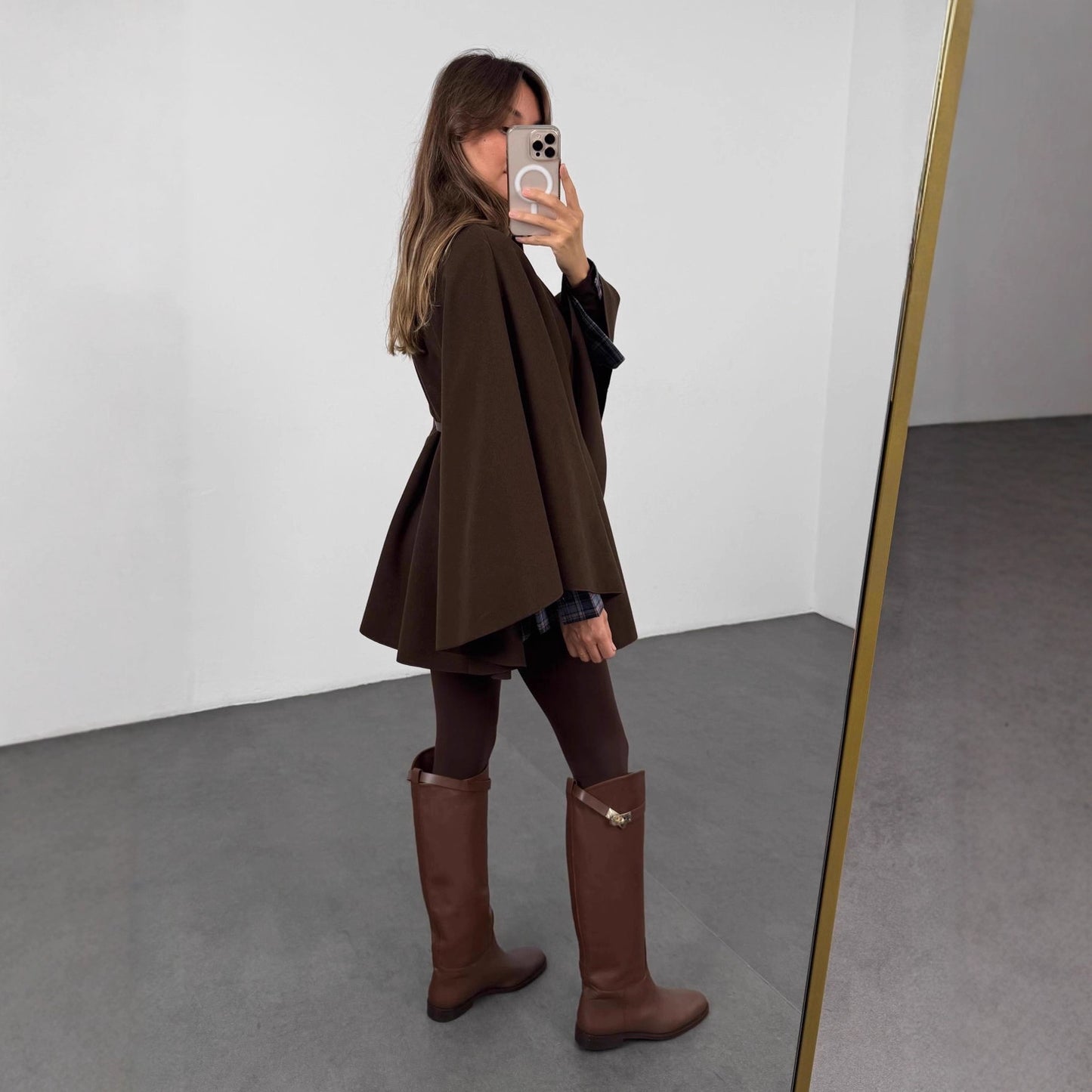 Winter Elegant Style Solid Color Waist Tight Woolen Cape Coat Mid-length